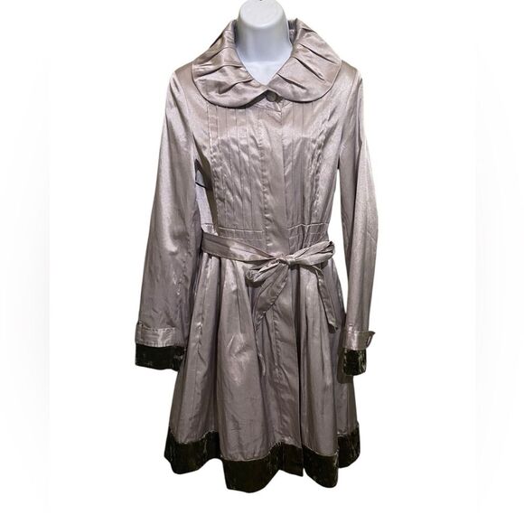 Y2K C2 Studio SZ Medium Satin Silver Trench Coat Gray Velvet Trim Ultra Feminine - Picture 1 of 15